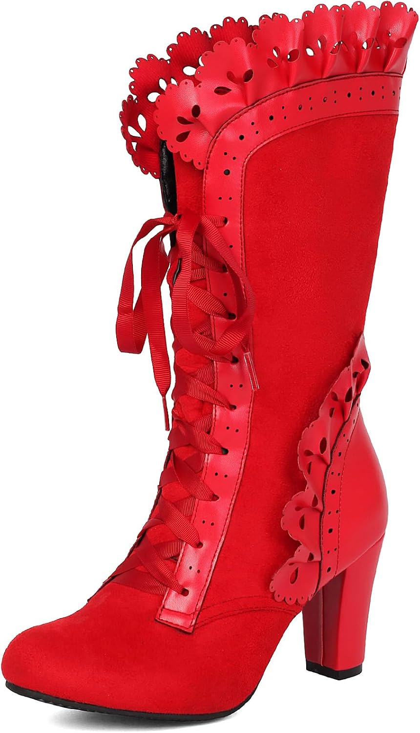 Victorian Boots for Women Vintage Bow Ruffles Goth Boots Costume Lace Up 70S Retro Boots Halloween Witch Stuff Cuban Heel Mid Calf Boots