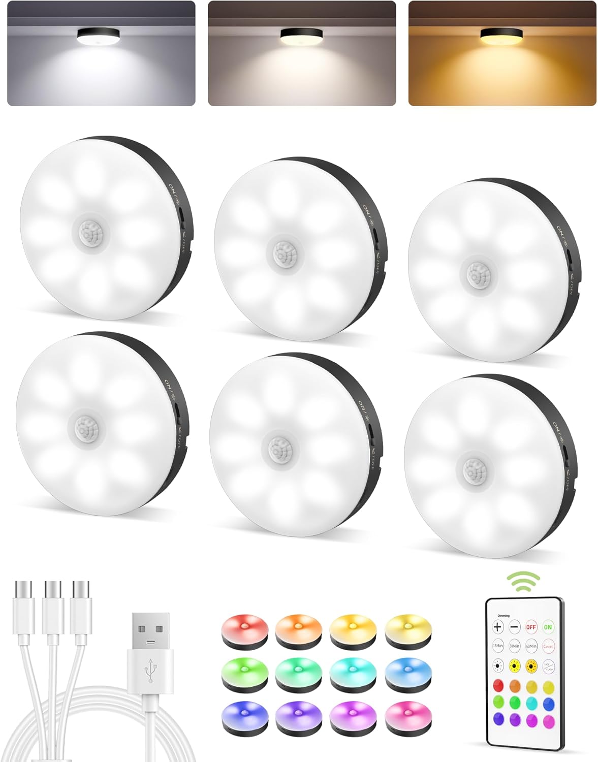 Ezvalo 6-pack Under Cabinet Lighting, Rechargeable Motion Sensor Puck LED Light for Kitchen, Home...
