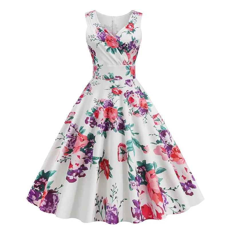 Floral Vintage Swing Dress - V-Neck Sleeveless - 1950s Rockabilly Pin-Up Style Main image