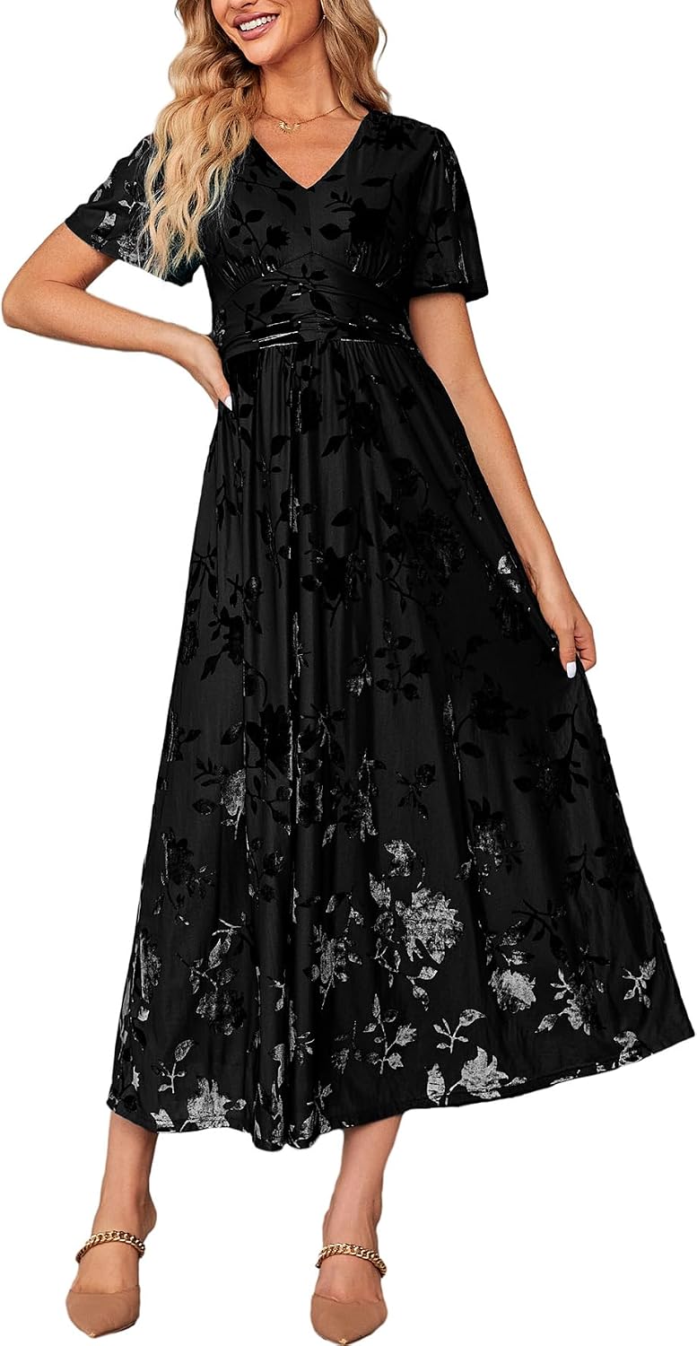 Simplee Women’s V Neck Velvet Maxi Dress Short Sleeve Empire Waist Long Formal Dress for Wedding Guest