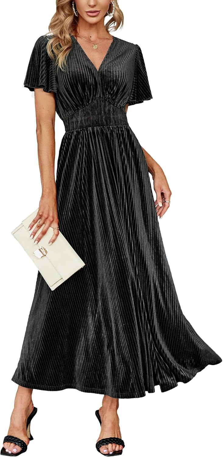 Simplee Women’s V Neck Velvet Maxi Dress Short Sleeve Empire Waist Long Formal Dress for Wedding Guest