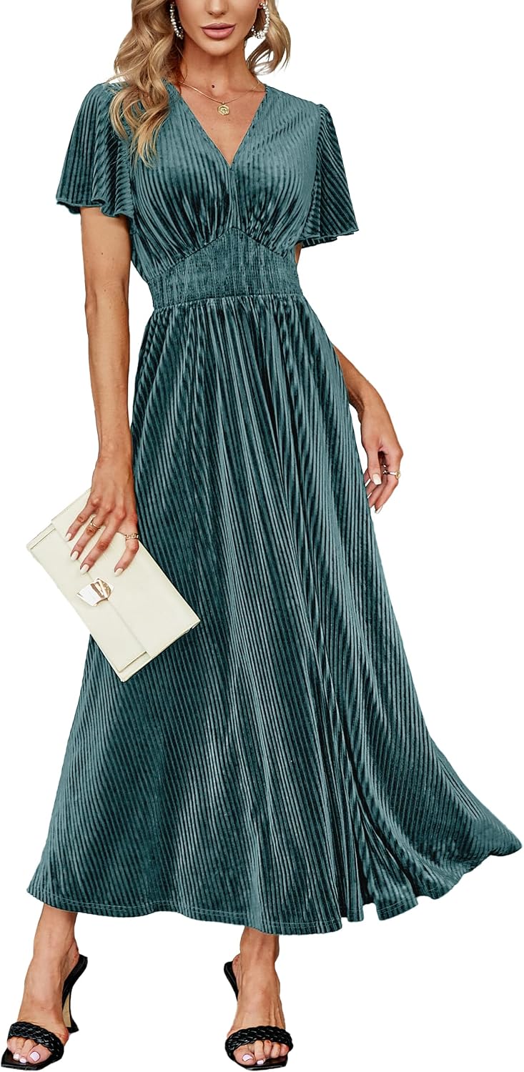 Simplee Women’s V Neck Velvet Maxi Dress Short Sleeve Empire Waist Long Formal Dress for Wedding Guest