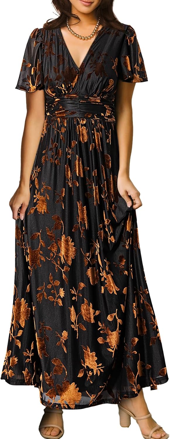 Simplee Women’s V Neck Velvet Maxi Dress Short Sleeve Empire Waist Long Formal Dress for Wedding Guest