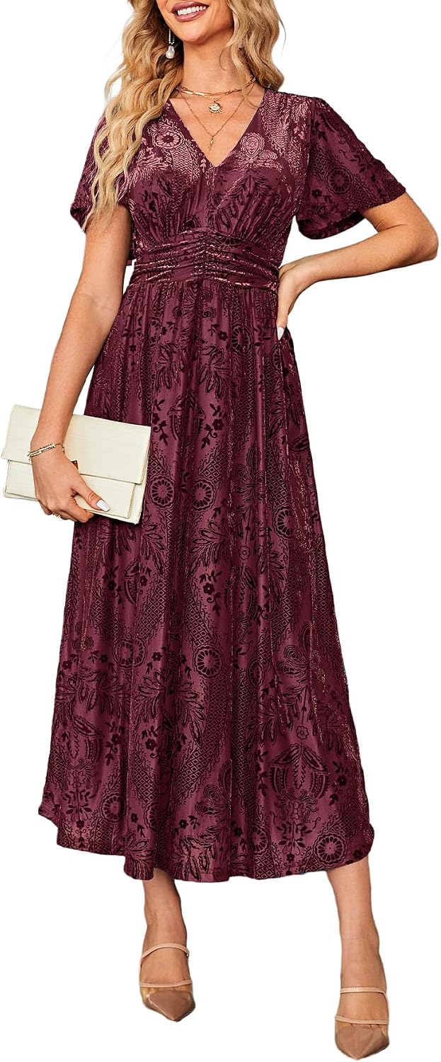 Simplee Women’s V Neck Velvet Maxi Dress Short Sleeve Empire Waist Long Formal Dress for Wedding Guest