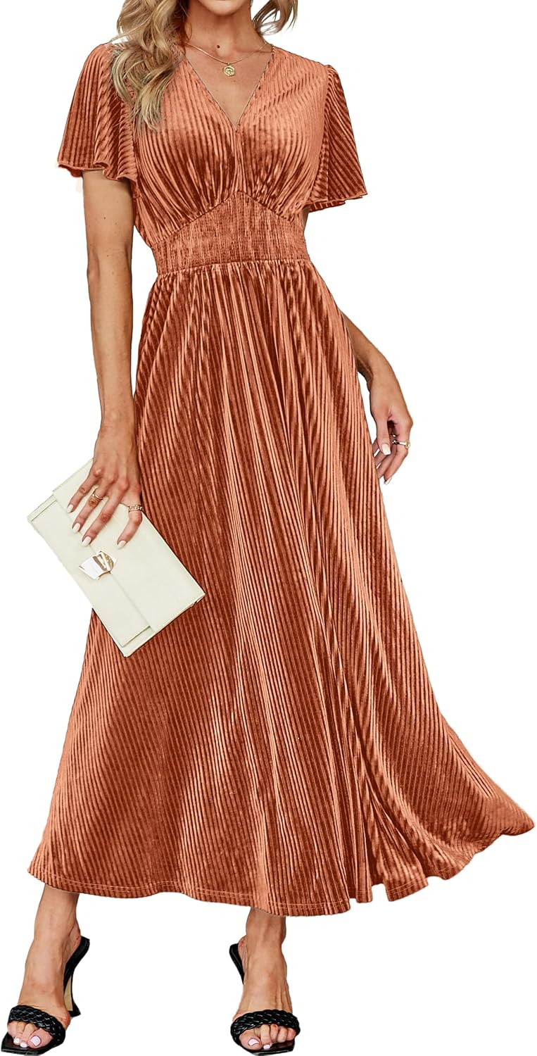 Simplee Women’s V Neck Velvet Maxi Dress Short Sleeve Empire Waist Long Formal Dress for Wedding Guest