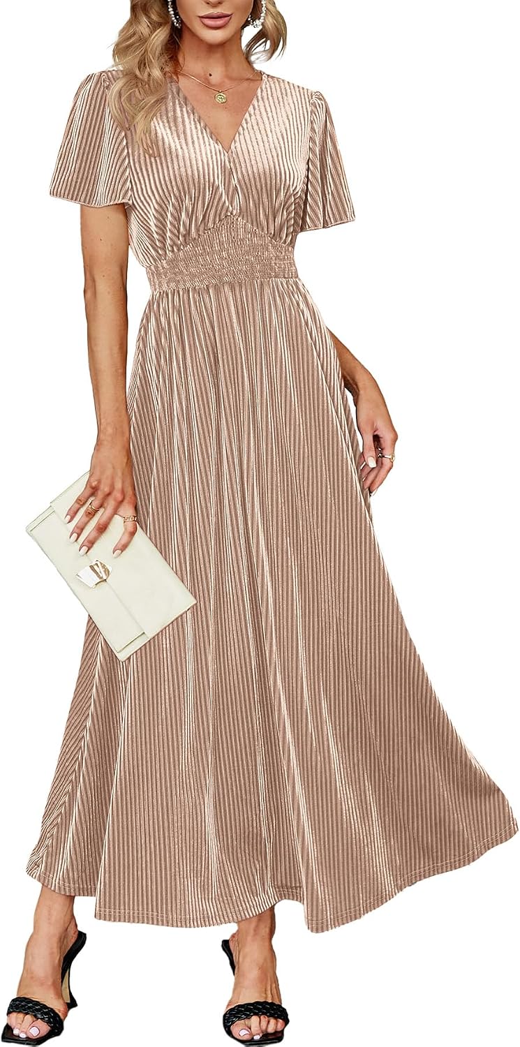 Simplee Women’s V Neck Velvet Maxi Dress Short Sleeve Empire Waist Long Formal Dress for Wedding Guest