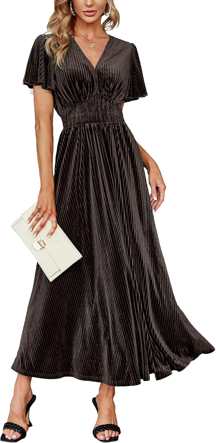 Simplee Women’s V Neck Velvet Maxi Dress Short Sleeve Empire Waist Long Formal Dress for Wedding Guest