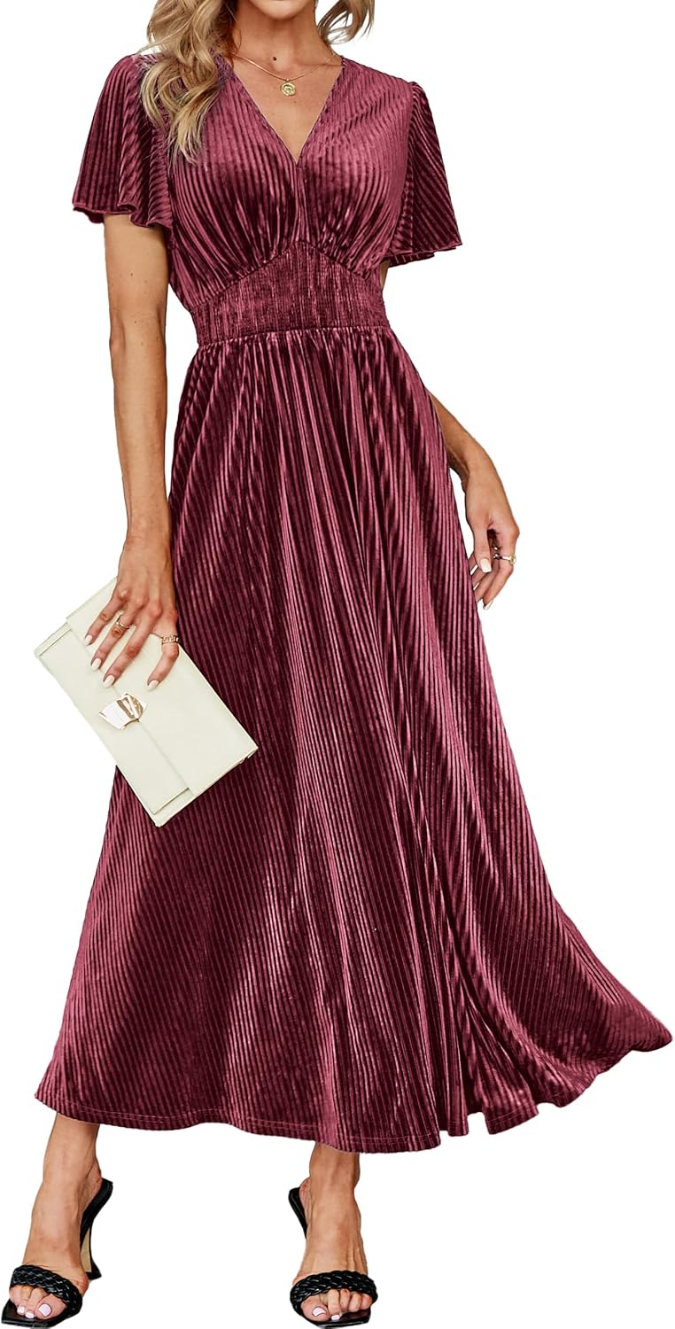 Simplee Women’s V Neck Velvet Maxi Dress Short Sleeve Empire Waist Long Formal Dress for Wedding Guest