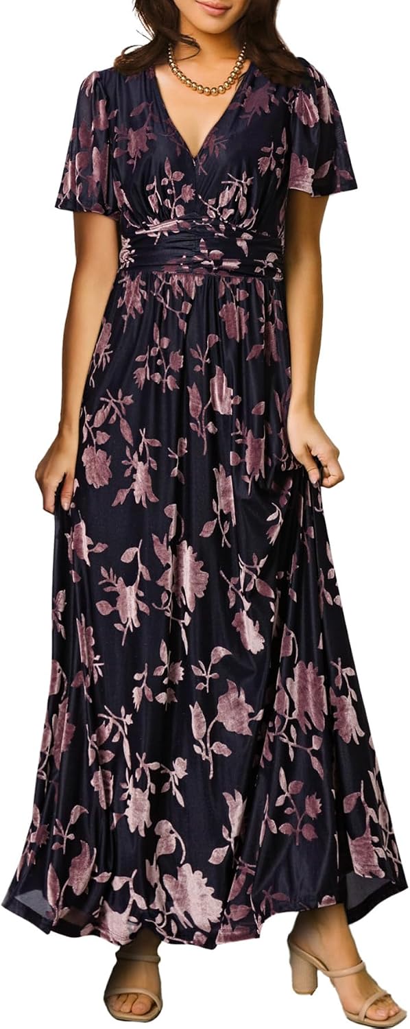 Simplee Women’s V Neck Velvet Maxi Dress Short Sleeve Empire Waist Long Formal Dress for Wedding Guest