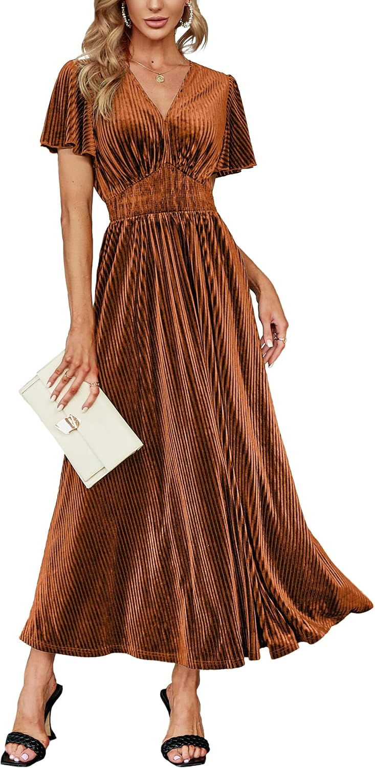 Simplee Women’s V Neck Velvet Maxi Dress Short Sleeve Empire Waist Long Formal Dress for Wedding Guest