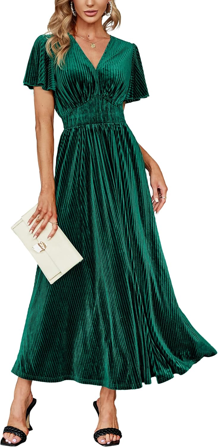 Simplee Women’s V Neck Velvet Maxi Dress Short Sleeve Empire Waist Long Formal Dress for Wedding Guest