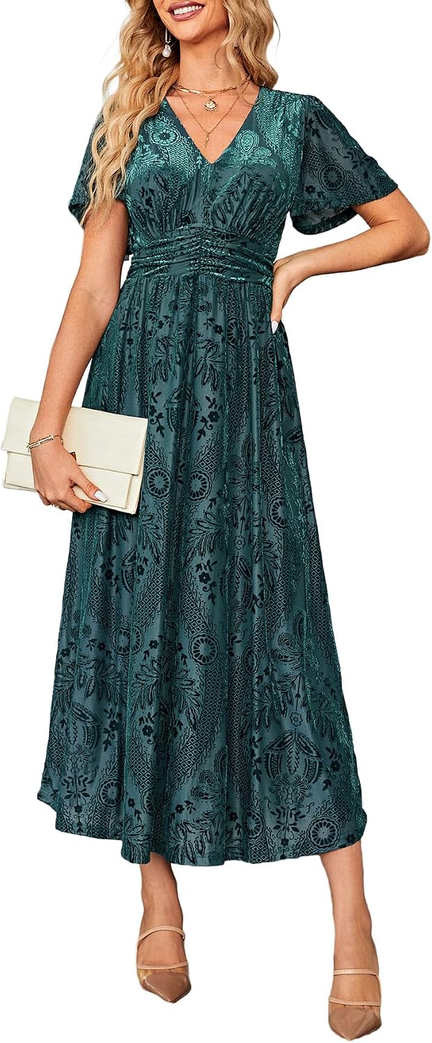 Simplee Women’s V Neck Velvet Maxi Dress Short Sleeve Empire Waist Long Formal Dress for Wedding Guest