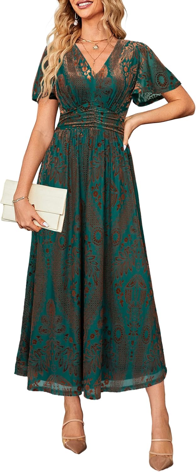 Simplee Women’s V Neck Velvet Maxi Dress Short Sleeve Empire Waist Long Formal Dress for Wedding Guest