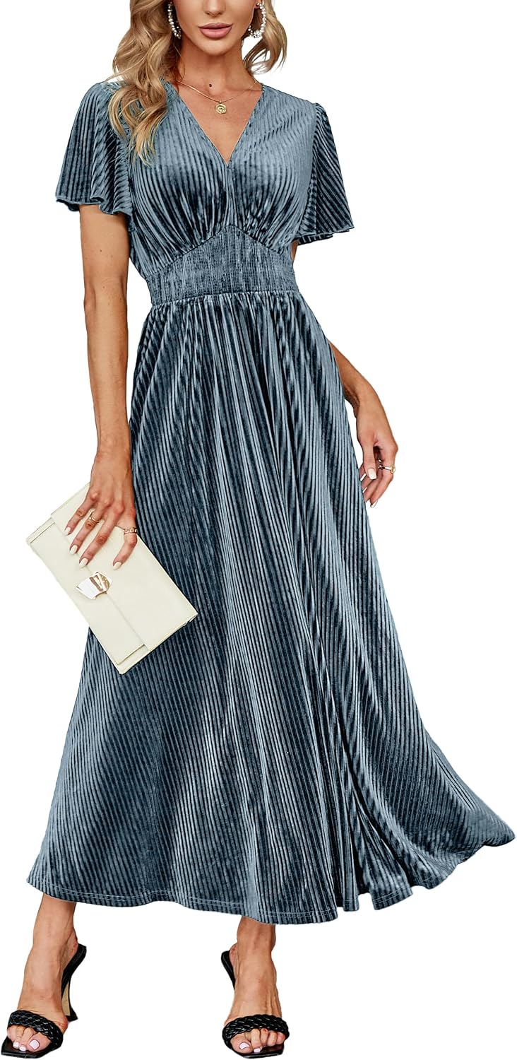 Simplee Women’s V Neck Velvet Maxi Dress Short Sleeve Empire Waist Long Formal Dress for Wedding Guest
