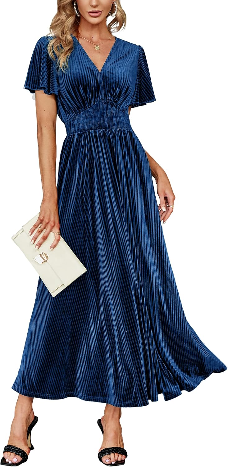 Simplee Women’s V Neck Velvet Maxi Dress Short Sleeve Empire Waist Long Formal Dress for Wedding Guest