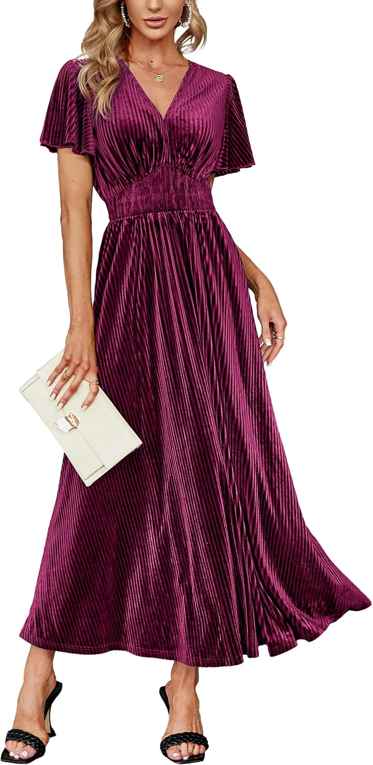 Simplee Women’s V Neck Velvet Maxi Dress Short Sleeve Empire Waist Long Formal Dress for Wedding Guest