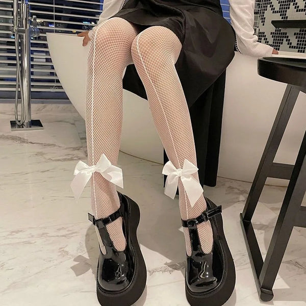 Kawaii Gothic Bow Knot Hollow Fishnet Pantyhose