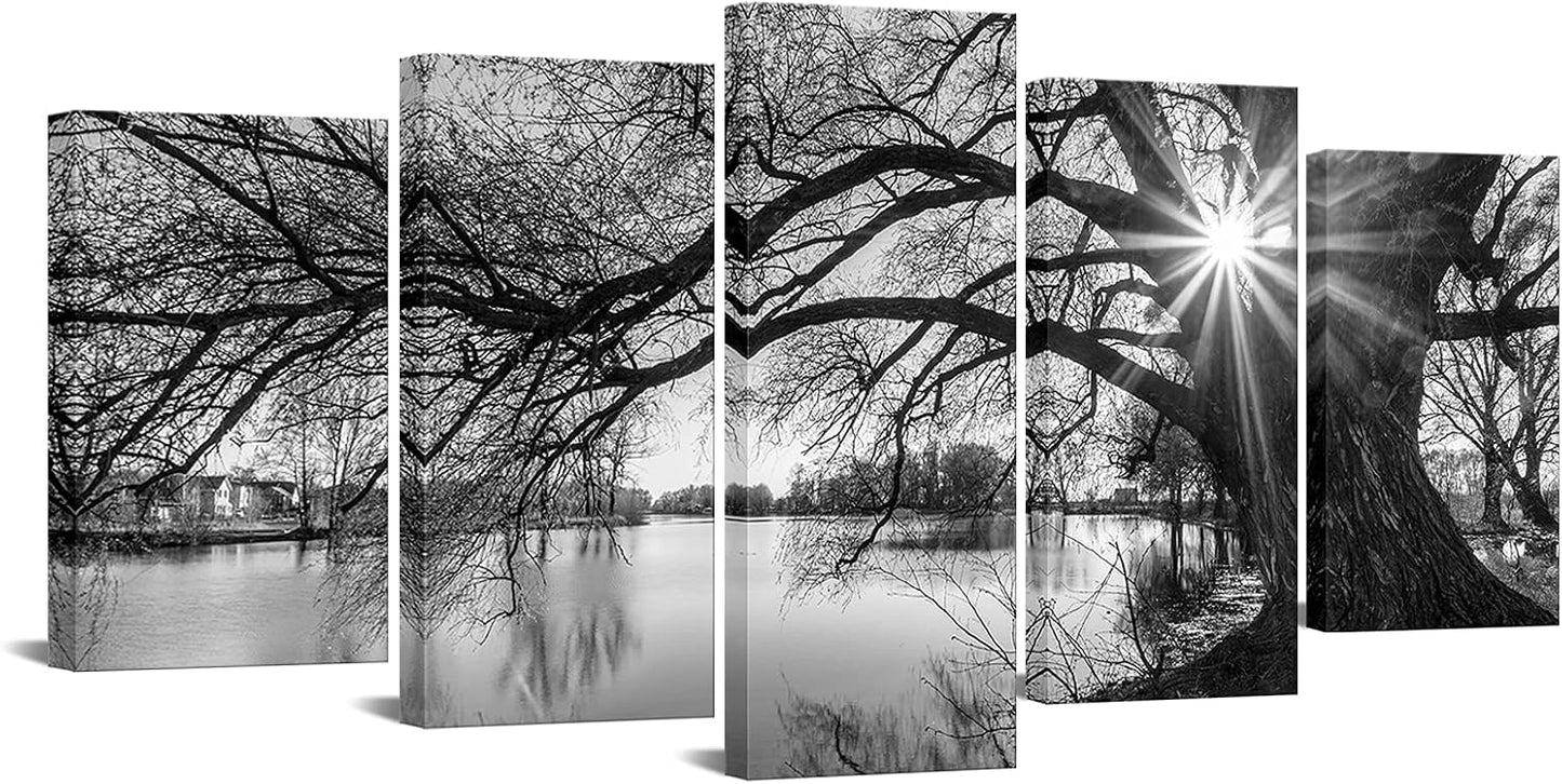 5-Piece Black & White Art Deco Landscape Canvas — Framed & Ready to Hang