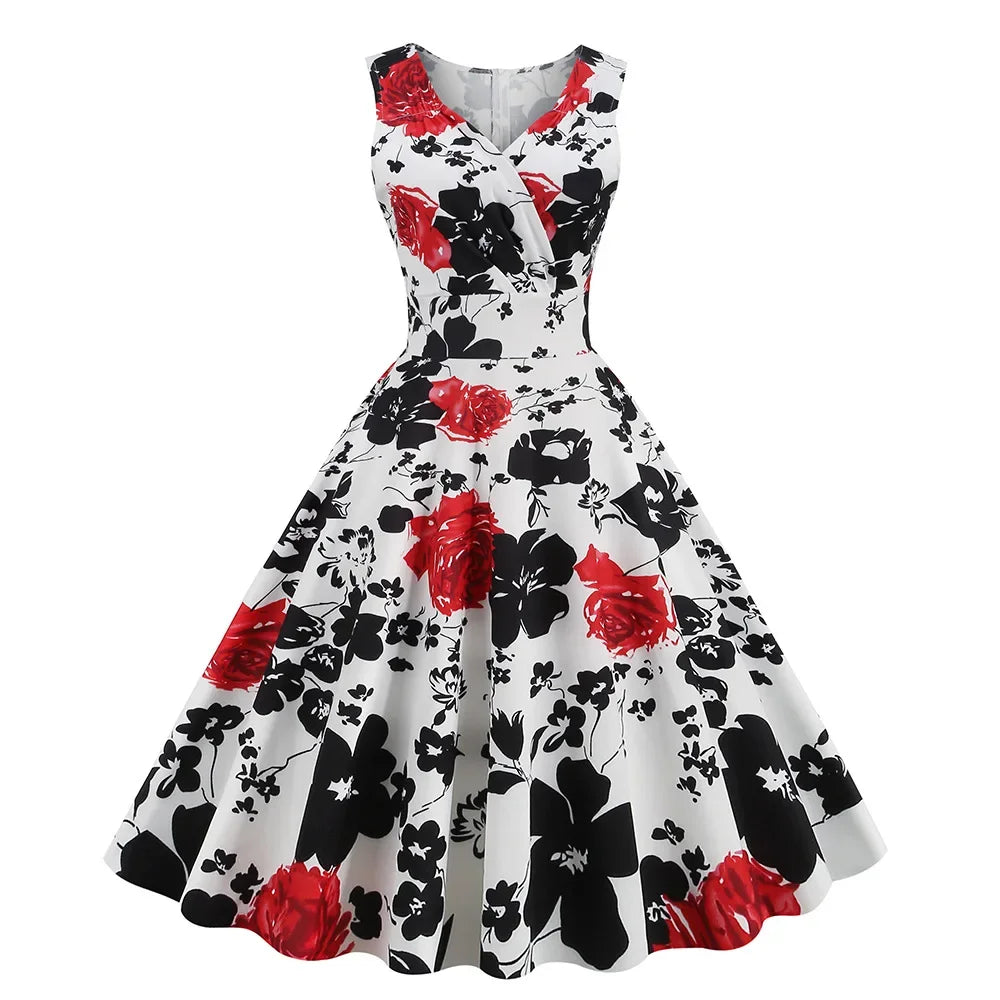 Floral Vintage Swing Dress - V-Neck Sleeveless - 1950s Rockabilly Pin-Up Style Secondary image