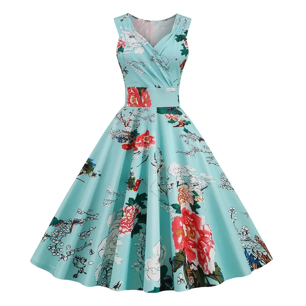 Floral Vintage Swing Dress - V-Neck Sleeveless - 1950s Rockabilly Pin-Up Style