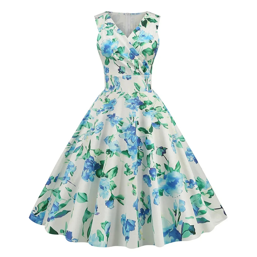 Floral Vintage Swing Dress - V-Neck Sleeveless - 1950s Rockabilly Pin-Up Style