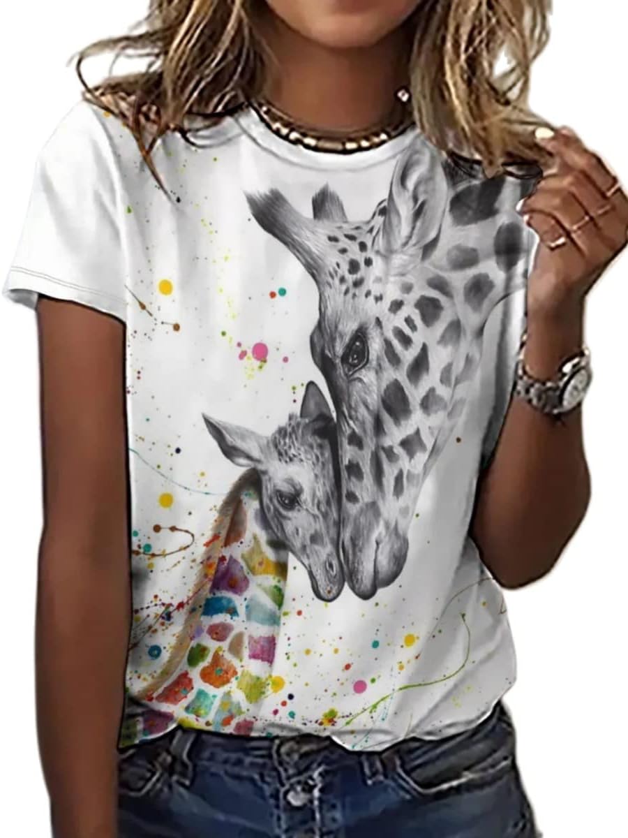 Beopjesk Womens Summer Giraffe Printed T-Shirt Funny Cute Animal Graphic Tees Tops