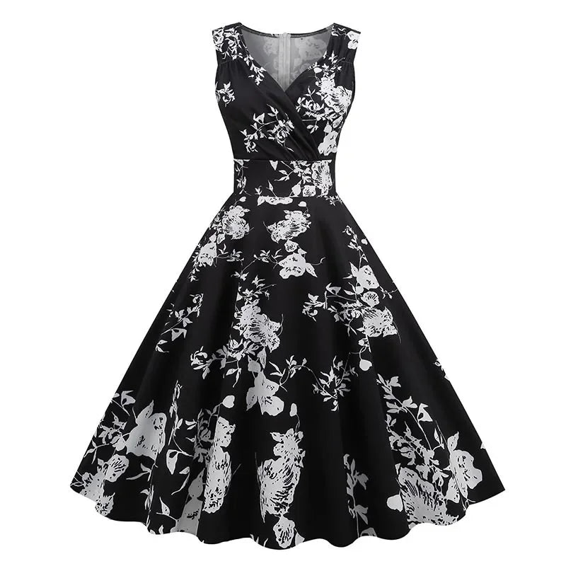 Floral Vintage Swing Dress - V-Neck Sleeveless - 1950s Rockabilly Pin-Up Style