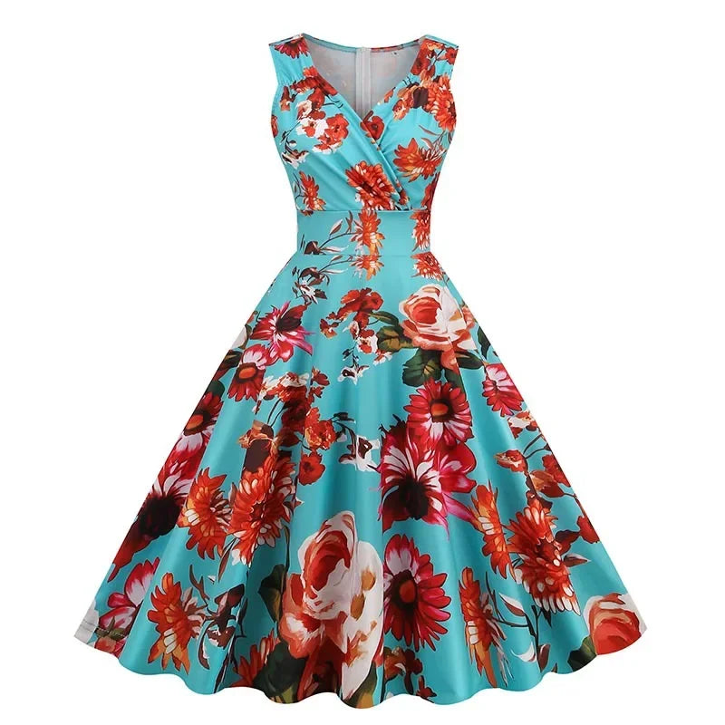 Floral Vintage Swing Dress - V-Neck Sleeveless - 1950s Rockabilly Pin-Up Style