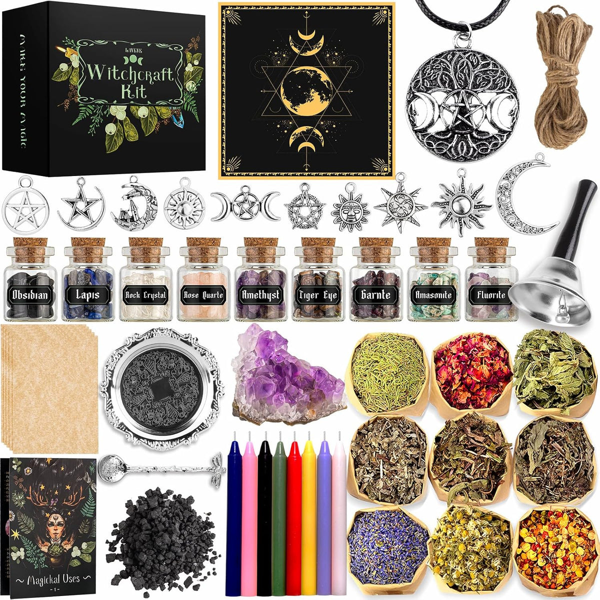 LAVEVE Witchcraft Supplies Kit for Spells, 56 PCS Beginner Witch Box