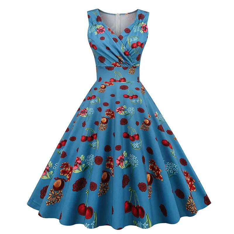 Floral Vintage Swing Dress - V-Neck Sleeveless - 1950s Rockabilly Pin-Up Style