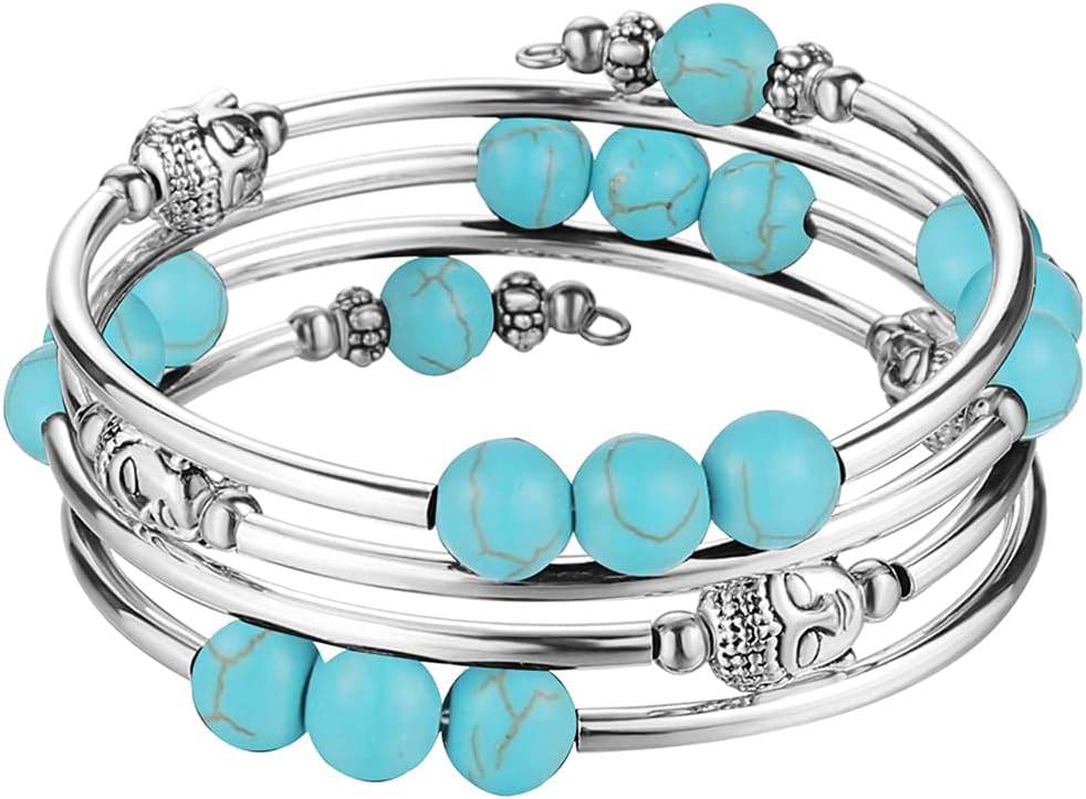PEARL&CLUB Beaded Chakra Bangle Turquoise Bracelet - Fashion Jewelry Wrap Bracelet with Thick Silver Metal and Mala Beads, Birthday Gifts For Women