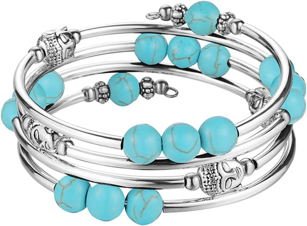 PEARL&CLUB Beaded Chakra Bangle Turquoise Bracelet - Fashion Jewelry Wrap Bracelet with Thick Silver Metal and Mala Beads, Birthday Gifts For Women