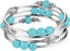 PEARL&CLUB Beaded Chakra Bangle Turquoise Bracelet - Fashion Jewelry Wrap Bracelet with Thick Silver Metal and Mala Beads, Birthday Gifts For Women