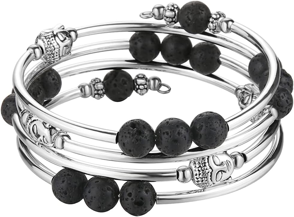 PEARL&CLUB Beaded Chakra Bangle Turquoise Bracelet - Fashion Jewelry Wrap Bracelet with Thick Silver Metal and Mala Beads, Birthday Gifts For Women