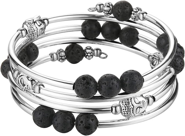 PEARL&CLUB Beaded Chakra Bangle Turquoise Bracelet - Fashion Jewelry Wrap Bracelet with Thick Silver Metal and Mala Beads, Birthday Gifts For Women