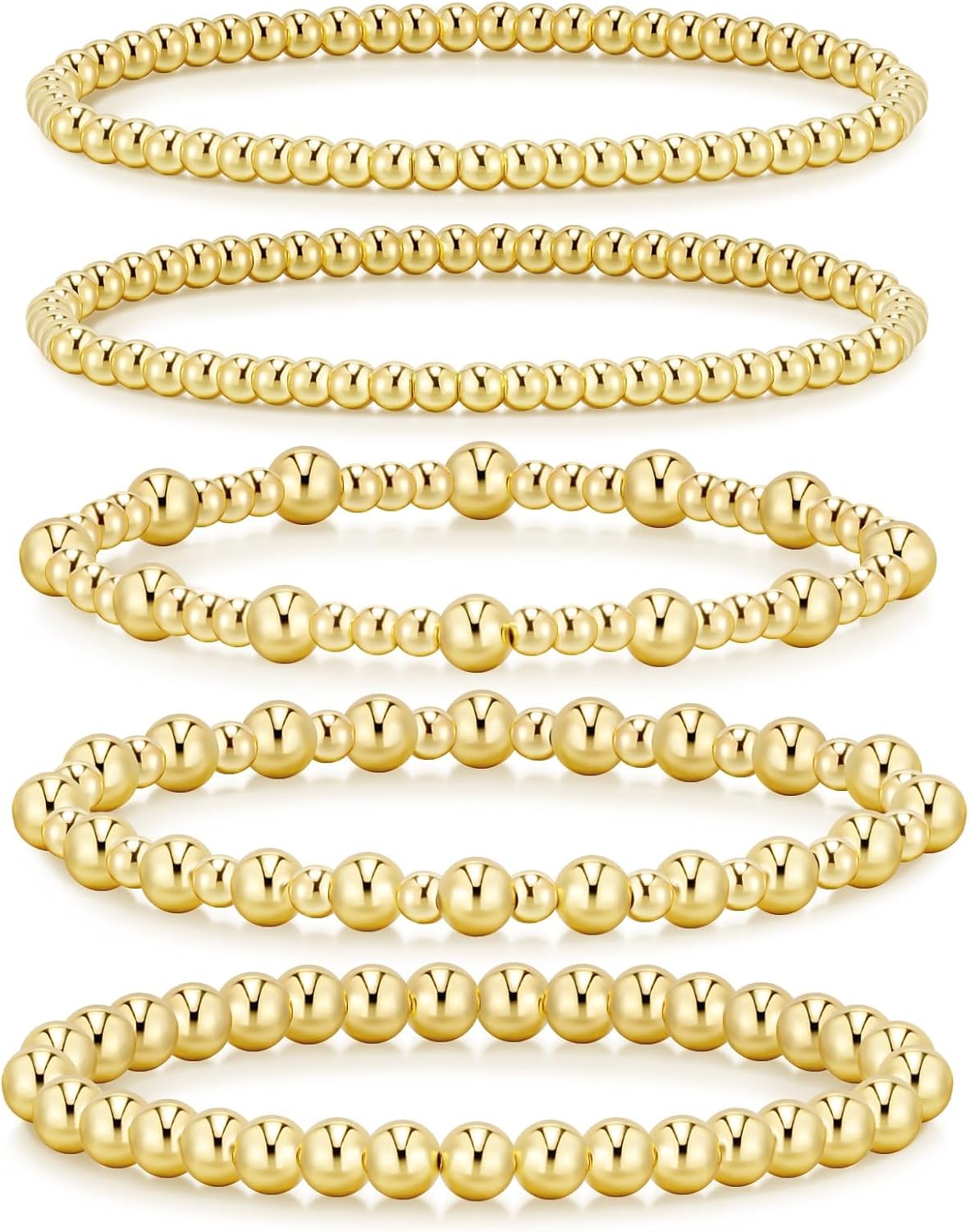 Gold Bracelets for Women Waterproof, 14K Gold Plated Beaded Strand Bead Ball Bracelets stack Adjustable Jewelry Set for Gifts