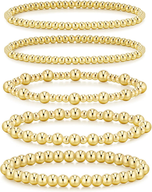 Gold Bracelets for Women Waterproof, 14K Gold Plated Beaded Strand Bead Ball Bracelets stack Adjustable Jewelry Set for Gifts