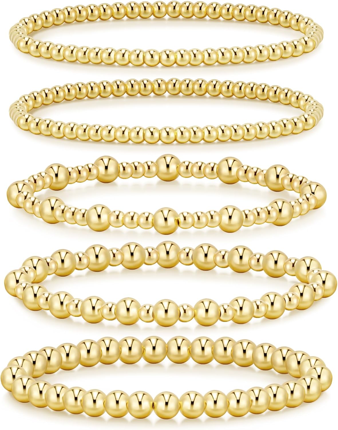 Gold Bracelets for Women Waterproof, 14K Gold Plated Beaded Strand Bead Ball Bracelets stack Adjustable Jewelry Set for Gifts