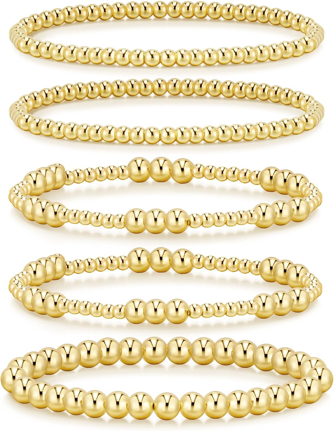 Gold Bracelets for Women Waterproof, 14K Gold Plated Beaded Strand Bead Ball Bracelets stack Adjustable Jewelry Set for Gifts