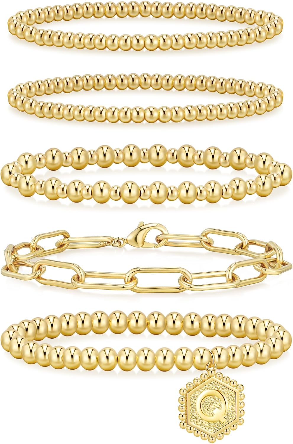 Gold Bracelets for Women Waterproof, 14K Gold Plated Beaded Strand Bead Ball Bracelets stack Adjustable Jewelry Set for Gifts