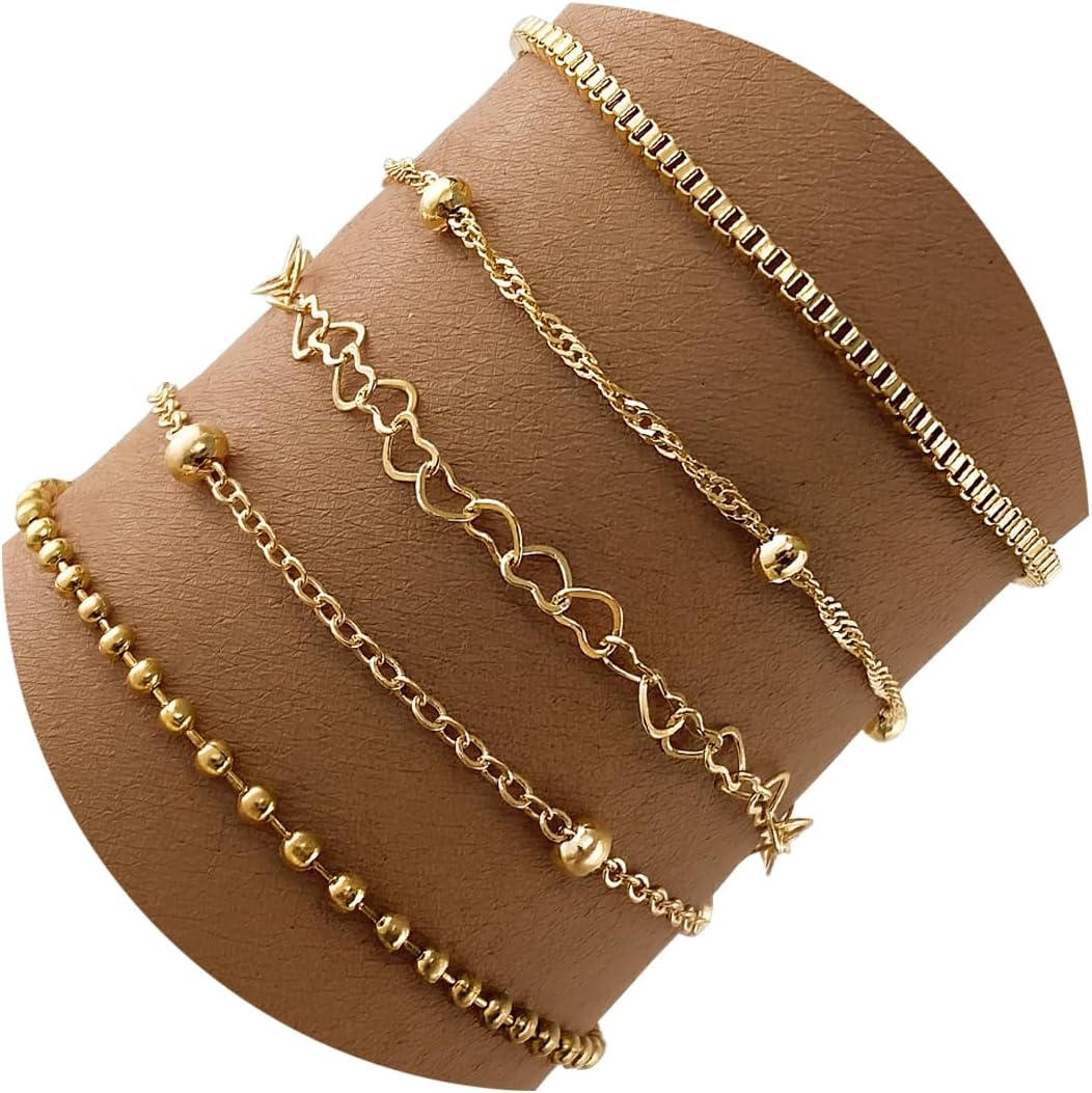 IFKM Gold Bracelets for Women, 14K Gold Plated Dainty Link Chain Bracelet set, Trendy Stackable Layered Bracelets jewelry Gifts
