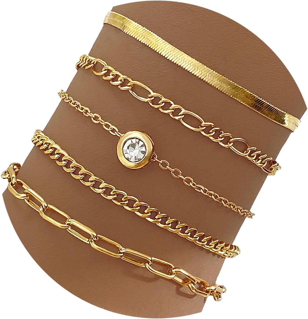IFKM Gold Bracelets for Women, 14K Gold Plated Dainty Link Chain Bracelet set, Trendy Stackable Layered Bracelets jewelry Gifts Secondary image