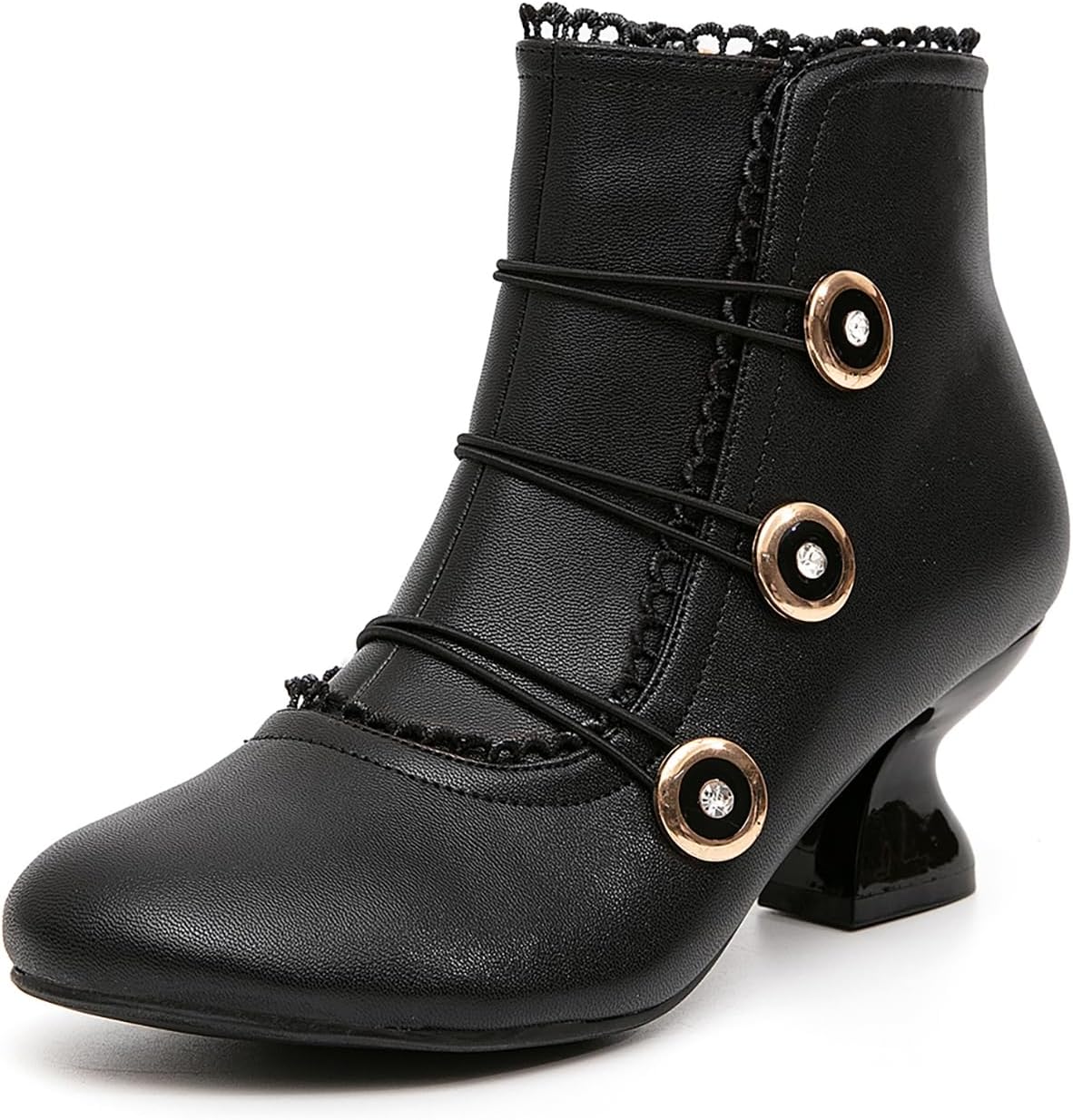 Women's Ankle Boots Low Heels Lace Buttons Round Toe Side Zipper Vintage Short Boots Autumn Winter