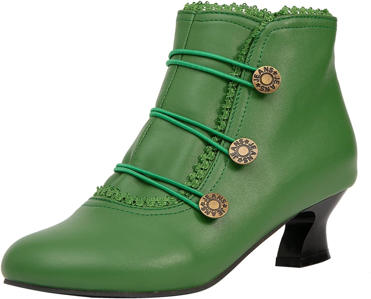 Women's Ankle Boots Low Heels Lace Buttons Round Toe Side Zipper Vintage Short Boots Autumn Winter