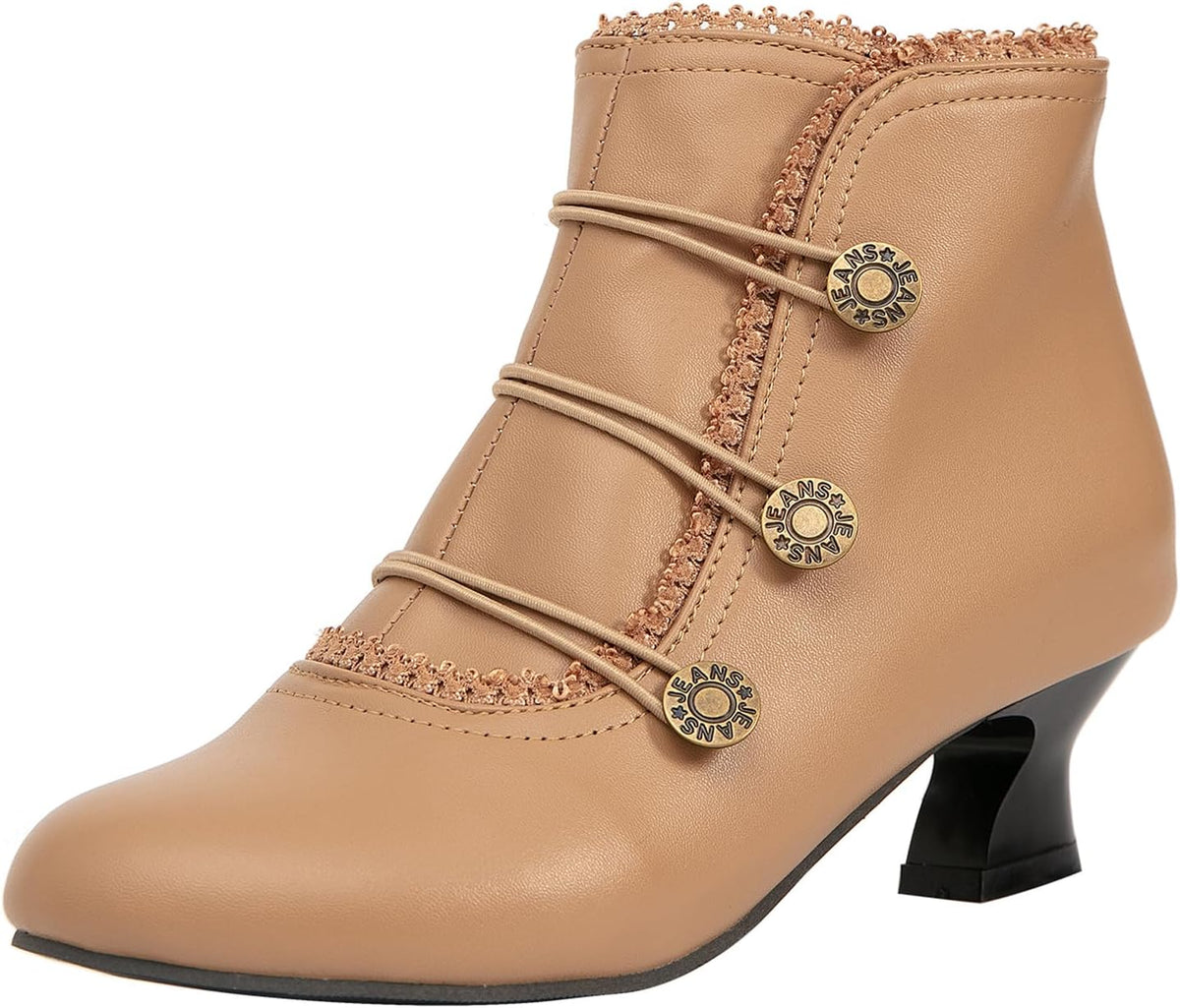 Women's Ankle Boots Low Heels Lace Buttons Round Toe Side Zipper Vintage Short Boots Autumn Winter