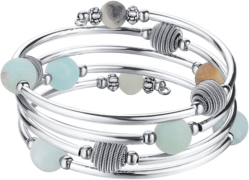 PEARL&CLUB Beaded Chakra Bangle Turquoise Bracelet - Fashion Jewelry Wrap Bracelet with Thick Silver Metal and Mala Beads, Birthday Gifts For Women