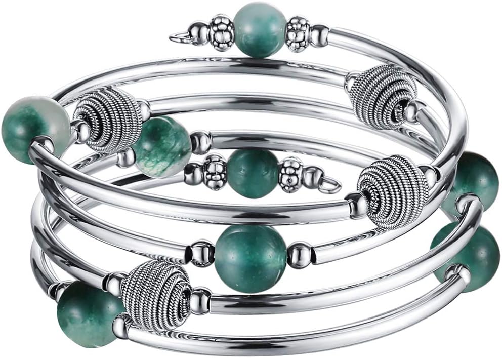 PEARL&CLUB Beaded Chakra Bangle Turquoise Bracelet - Fashion Jewelry Wrap Bracelet with Thick Silver Metal and Mala Beads, Birthday Gifts For Women