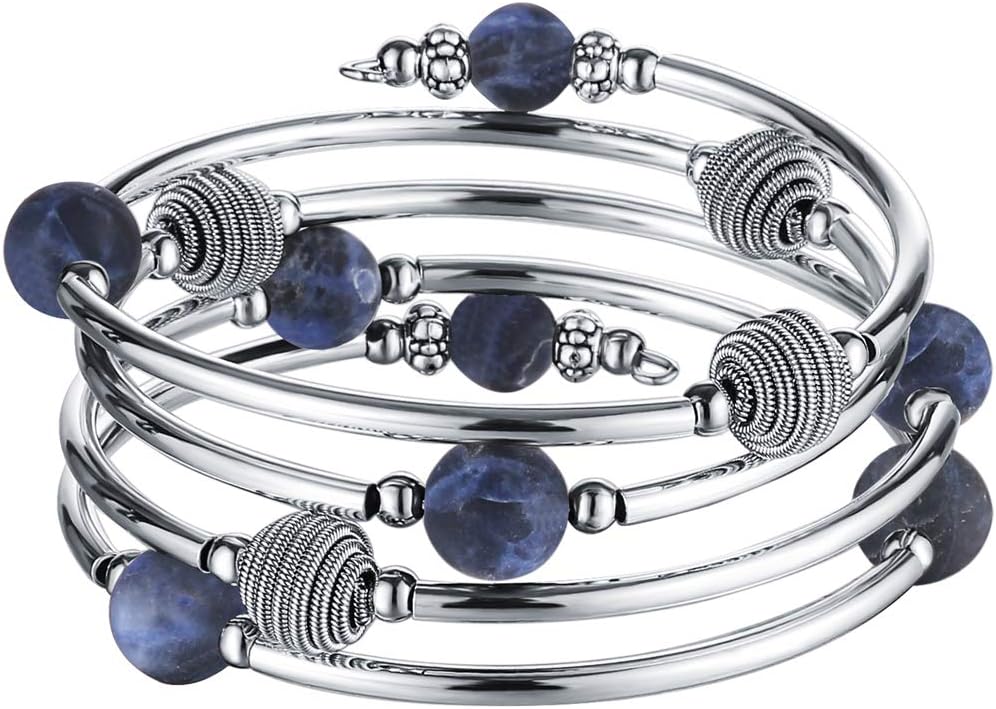 PEARL&CLUB Beaded Chakra Bangle Turquoise Bracelet - Fashion Jewelry Wrap Bracelet with Thick Silver Metal and Mala Beads, Birthday Gifts For Women