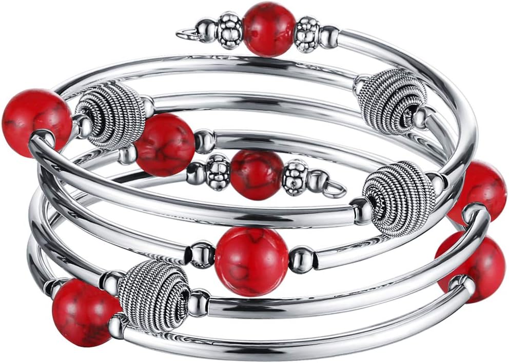PEARL&CLUB Beaded Chakra Bangle Turquoise Bracelet - Fashion Jewelry Wrap Bracelet with Thick Silver Metal and Mala Beads, Birthday Gifts For Women