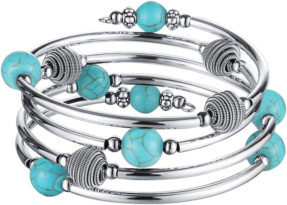 PEARL&CLUB Beaded Chakra Bangle Turquoise Bracelet - Fashion Jewelry Wrap Bracelet with Thick Silver Metal and Mala Beads, Birthday Gifts For Women